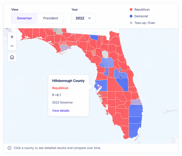 Florida county choropleth map showing political party results by county